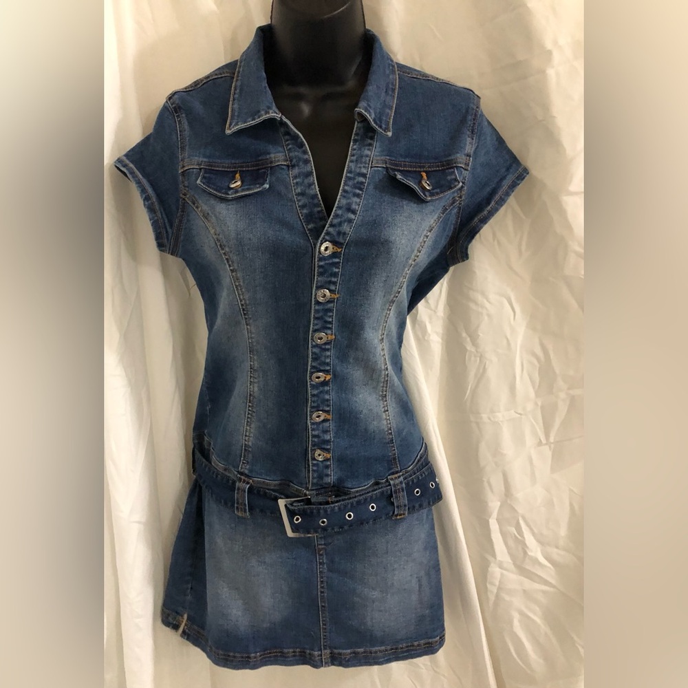 Hip belted mini button down short sleeve denim jeans dress size medium brand new